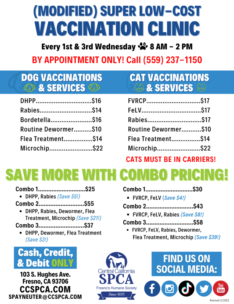 Super Low Cost Vaccination Clinic – Central California SPCA, Fresno, CA